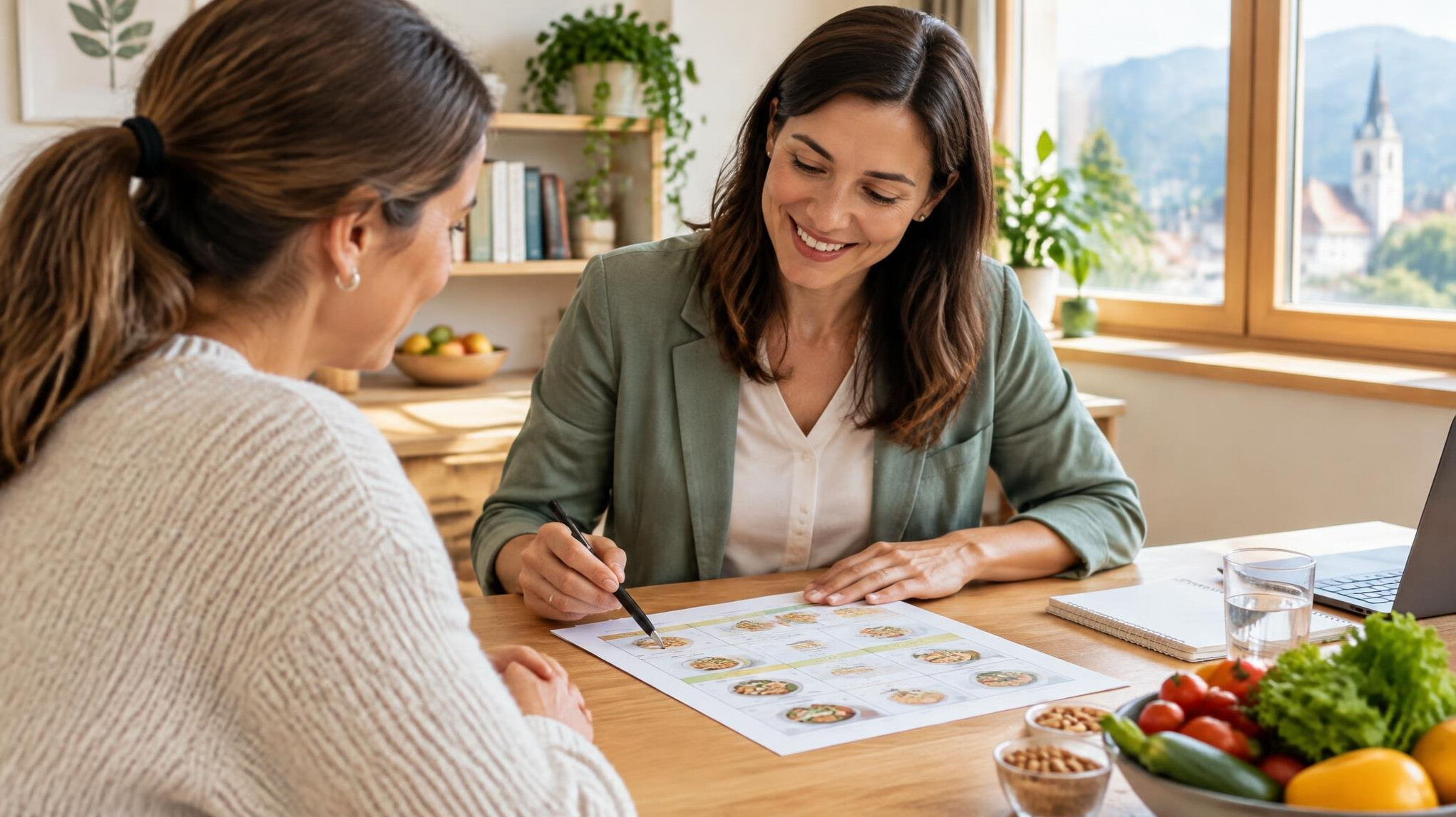 Health counselor reviewing a nutrition plan with a client at a desk
