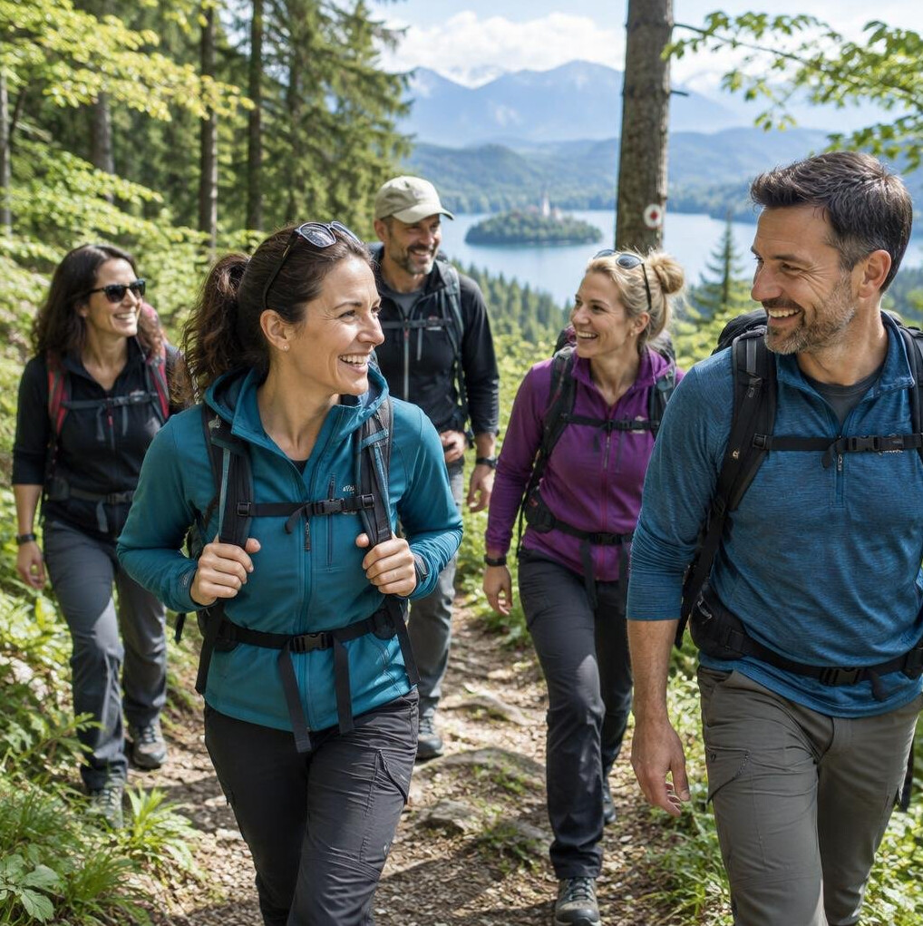 Group of people walking and hiking together outdoors in nature