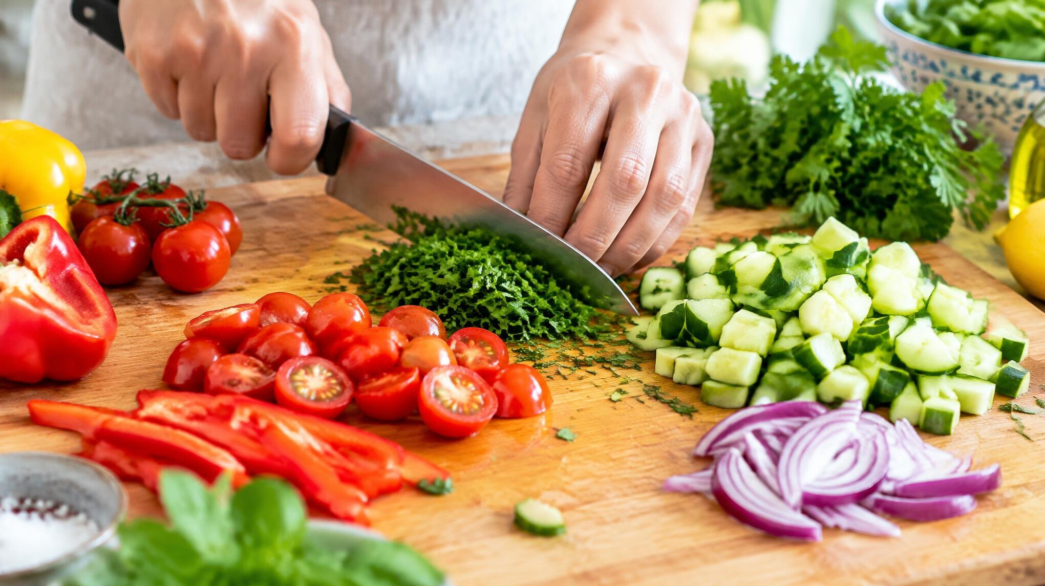 Close-up of fresh healthy food being prepared on a cutting board