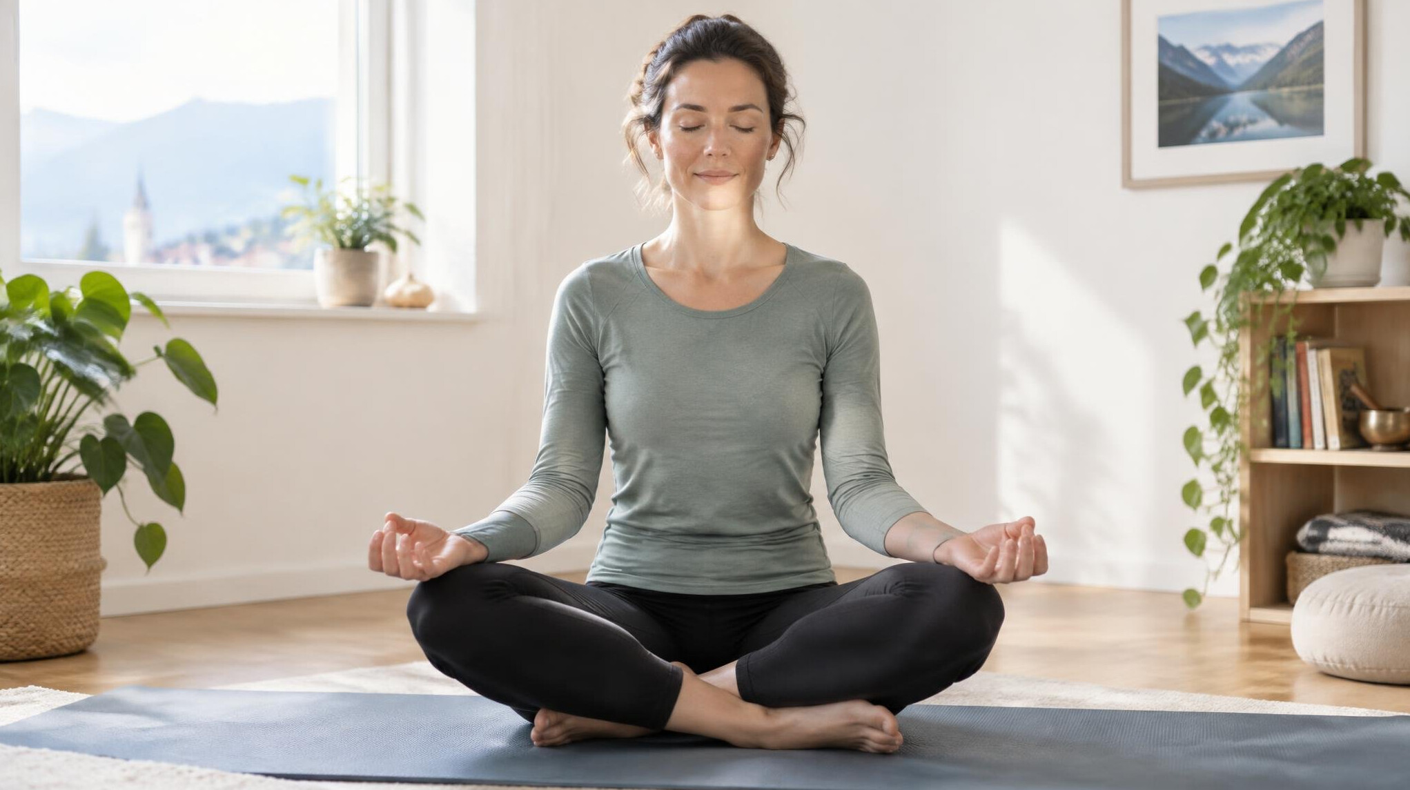 Person meditating peacefully in a calm bright room
