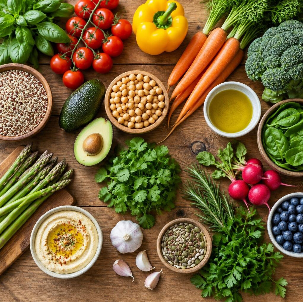 Colorful fresh vegetables and healthy ingredients prepared on a kitchen counter