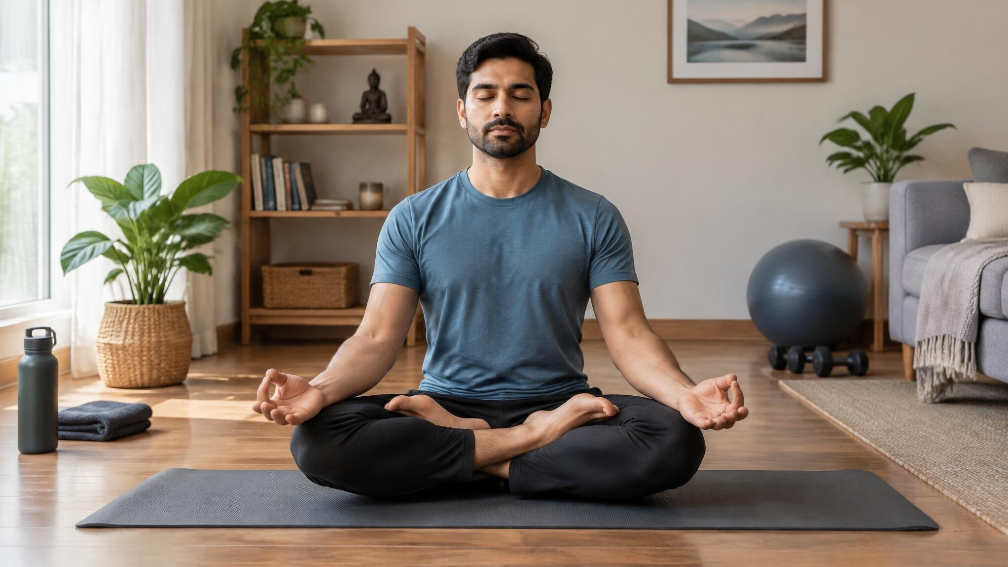 man doing yoga at home