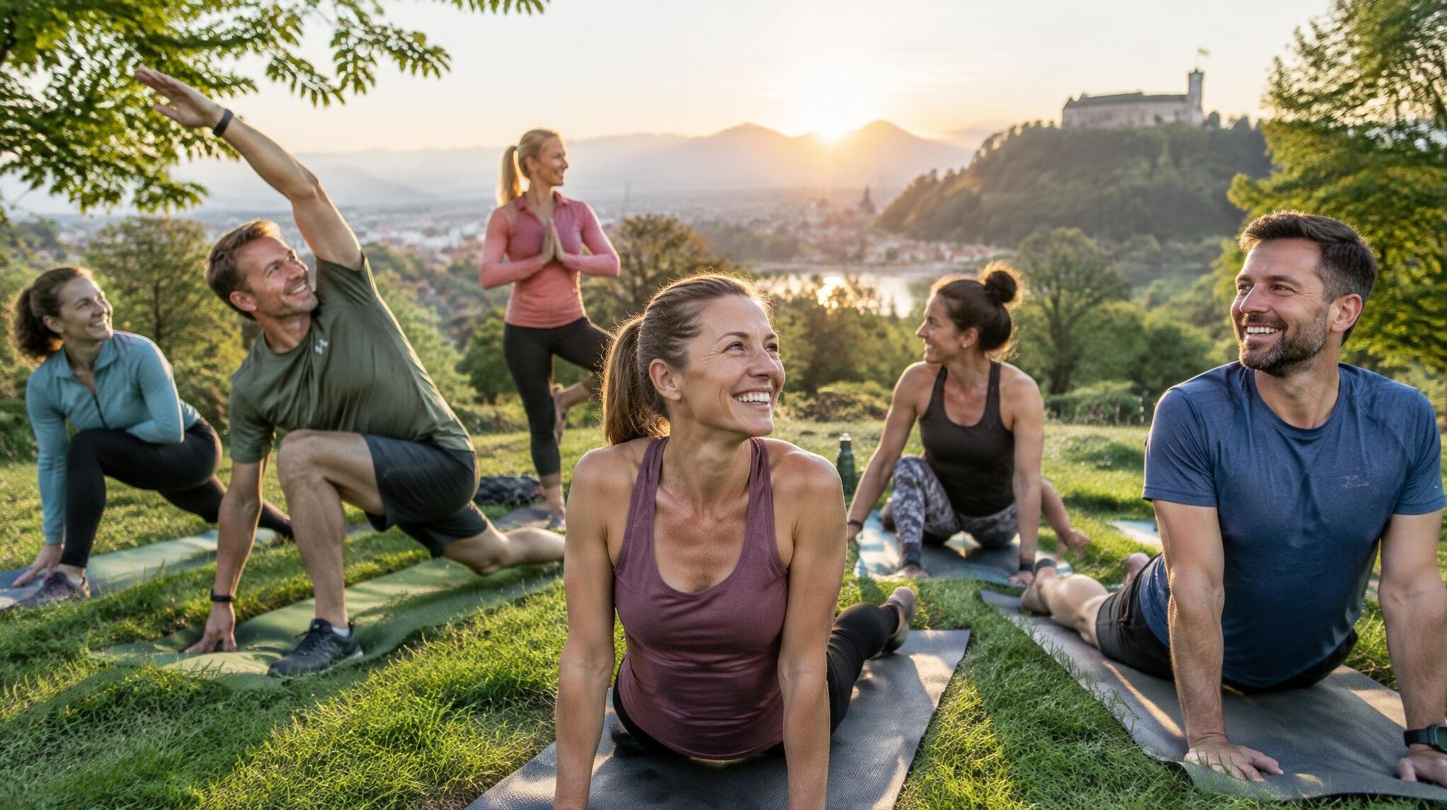 Group of people stretching outdoors during a sunrise wellness session