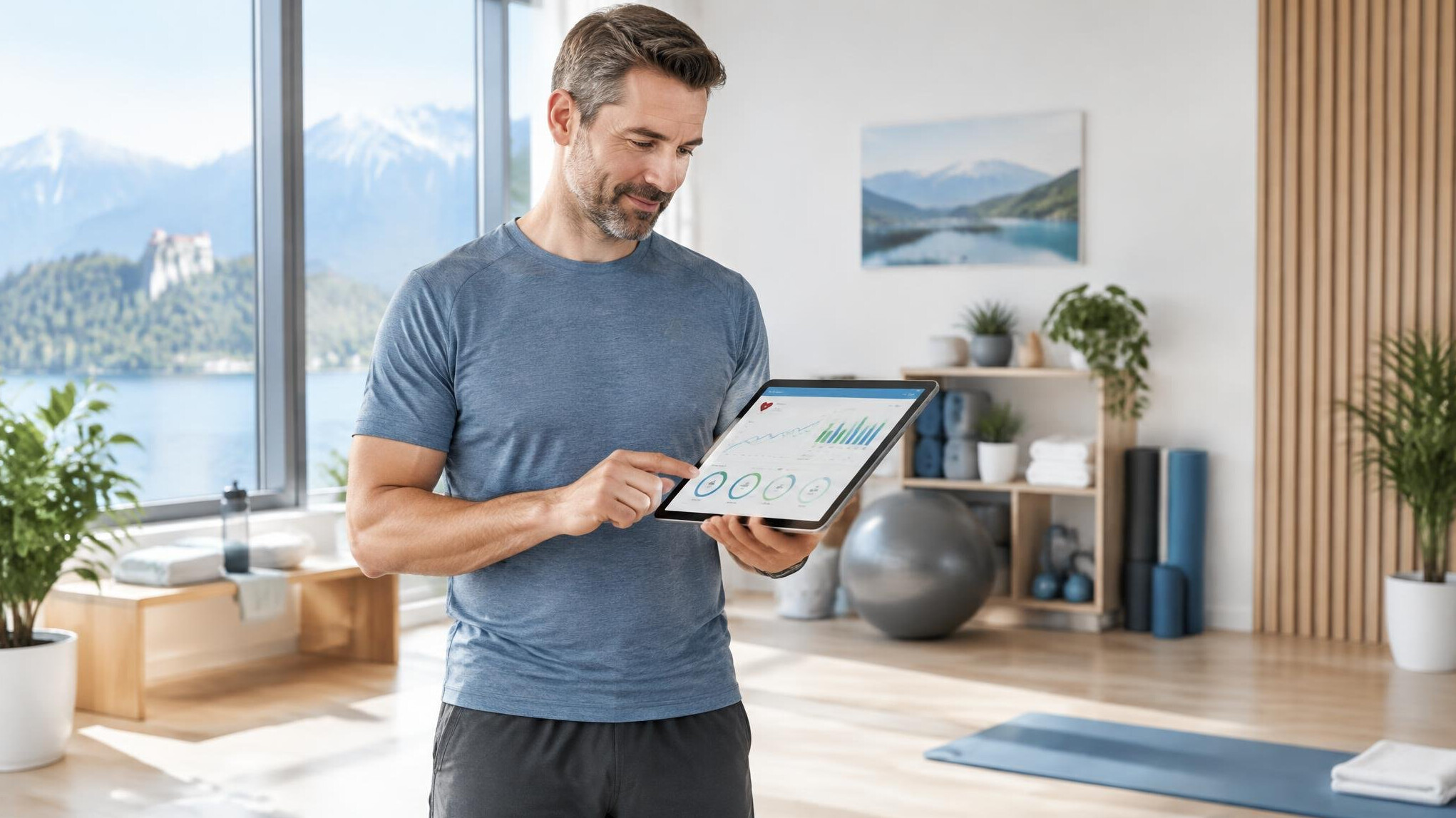 Person tracking fitness and health progress on a tablet in a bright studio