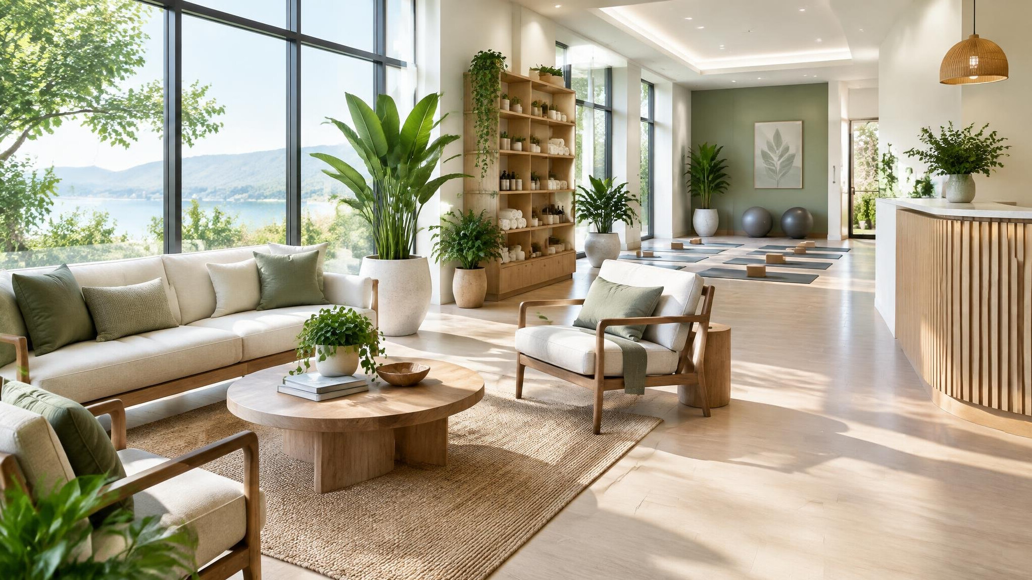 Bright wellness center interior with natural light and plants