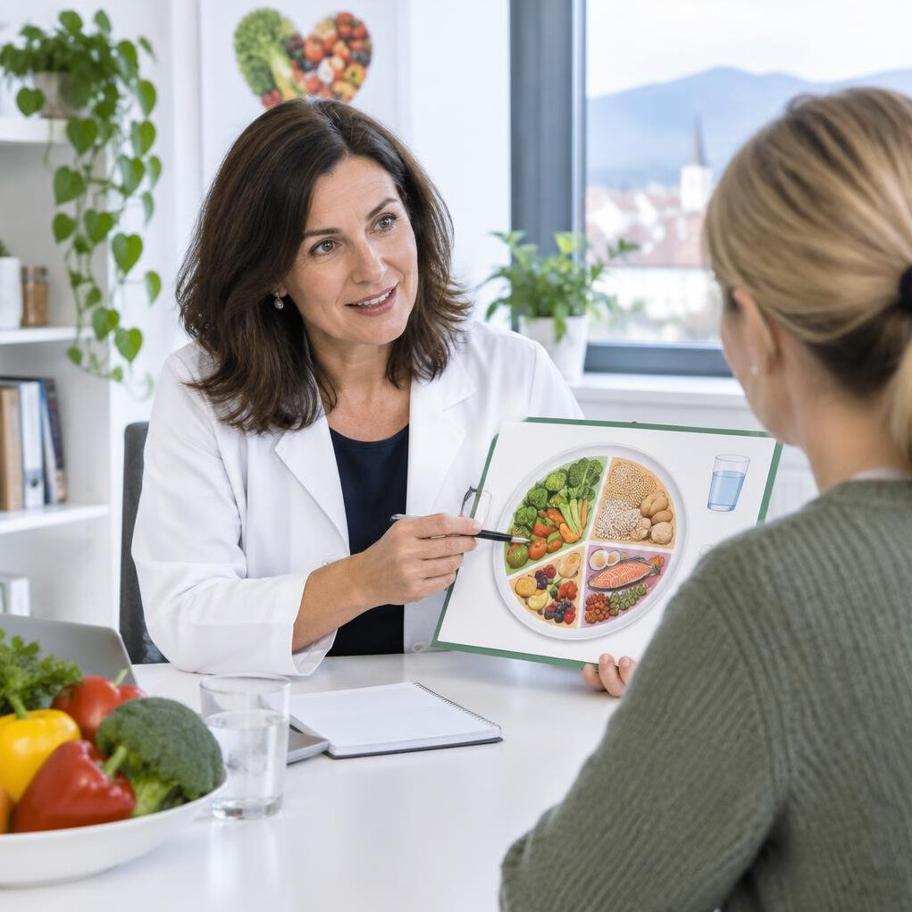 Dietitian showing a nutrition chart to a client at a table